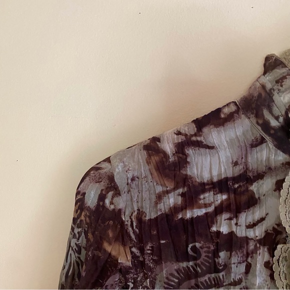 Y2K Lloyd Williams Blouse Woman Small Crinkle Sheer Lace Bell Sleeve Forestfairy - Picture 4 of 16